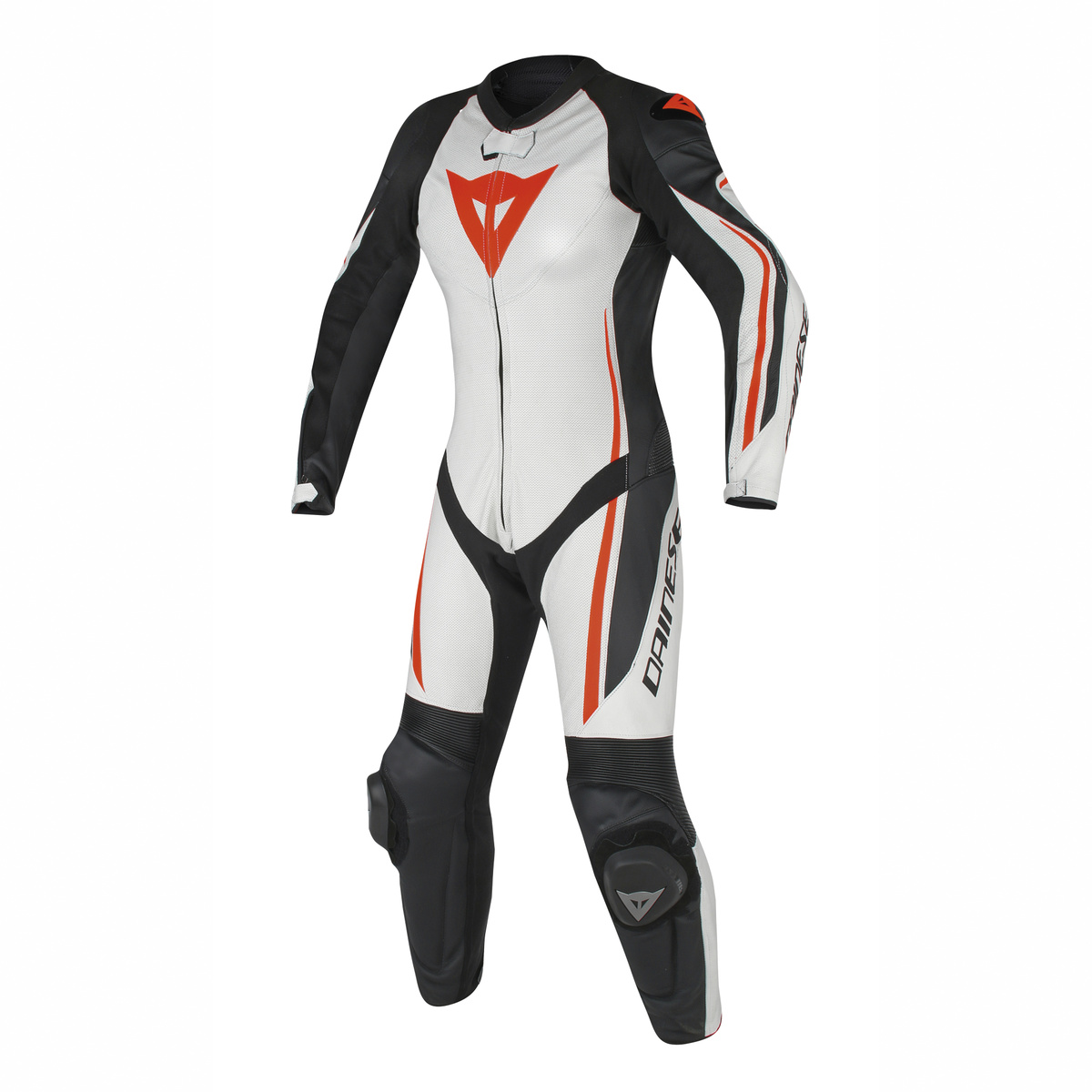 DAINESE Комбинезон кожаный ASSEN цельный женский черно-бело-красный-флуоресцентный  перфорированный - DAINESE Комбинезоны - куртки - Мотоэкипировка - Интернет-магазин мотоэкипировки и мотозапчастей MотоГанза